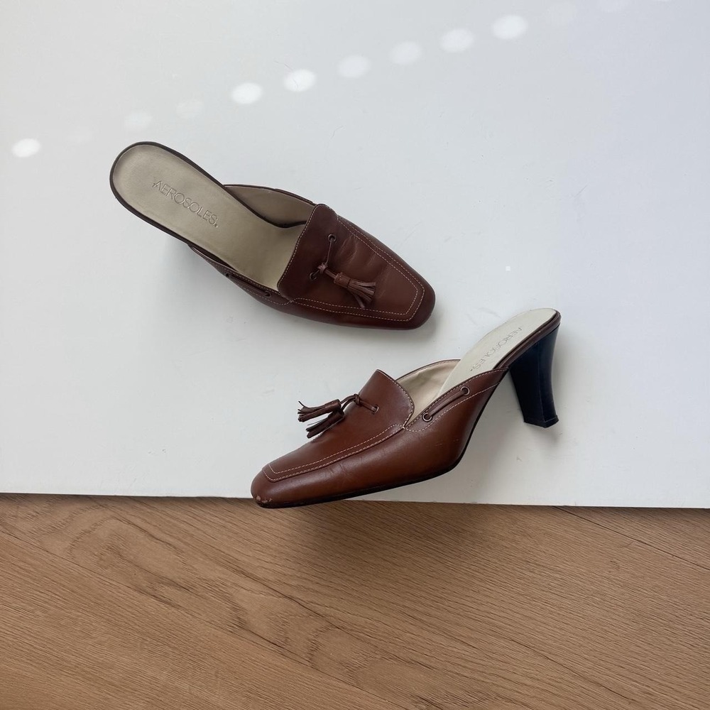 Y2K Brown Leather Kitten Heel Tassels Square Toe Preppy Classic Loafer Mules